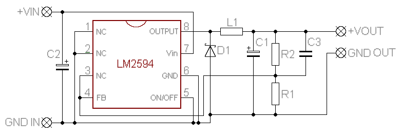 LM2594ASCBCKGEVB: 5V @ 500mA, 5 ~ 60V in, Buck