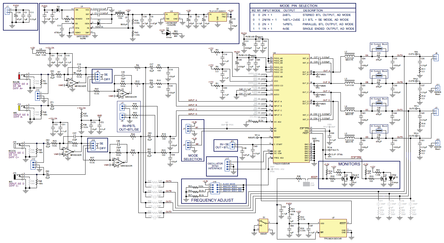 TPA3251D2EVM: 350W x1 @ 2Ω, 175W x2, 12 ~ 36V in
